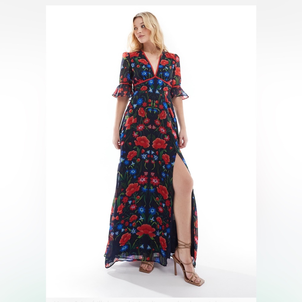 NWT Hope & Ivy - The Suri / ASOS frill sleeve thigh split open back maxi dress